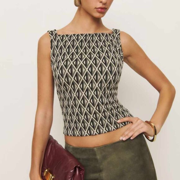 NEW Reformation Birch Tank Knit Top Small Art Deco Pattern Slightly Stretch - Picture 1 of 9